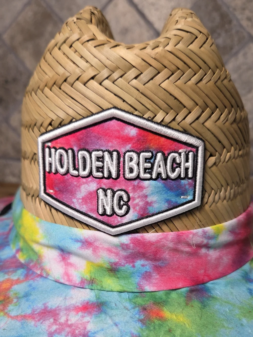 Holden Beach N. C. Lucky 7 Wide Brim Straw Sun Hat - Tie-Dye Brim One Size Adult